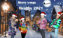 a merry x-mas healthy 2021 greeting card with four people in santa hats