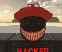 a cartoon character with a red hat and a black shirt that says " hacker "