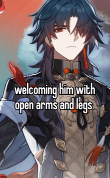 a picture of a man with the words welcoming him with open arms and legs below him