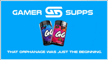 two bottles of gg are on a blue background with the words gamer supps that orphanage was just the beginning