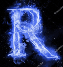 the letter r is made of blue flames and water on a black background .