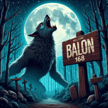 an illustration of a werewolf standing in front of a sign that says balon 168