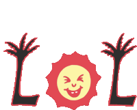 two palm trees and a smiling sun with the letter l behind it