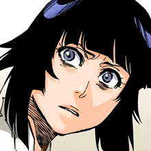 a drawing of a girl with black hair and blue eyes looking up