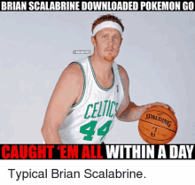 brian scalabrine is holding a spalding basketball while wearing a celtics jersey