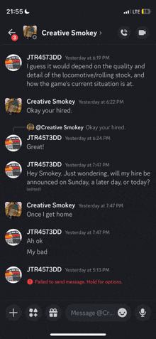 a screenshot of a conversation with creative smokey