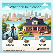 an advertisement for eastside asphalt and concrete shows a man cleaning the roof of a house