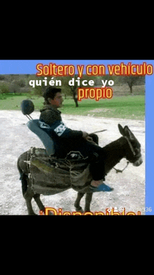 a man is riding on the back of a donkey with the words soltero y con vehiculo quien dice yo propio below him