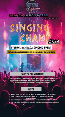 a poster for a virtual kannada singing event called singing champ 2k24