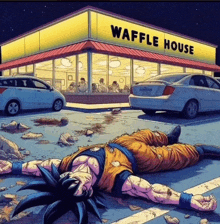 a cartoon drawing of goku laying on the ground in front of a waffle house