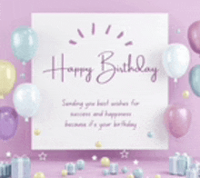 a happy birthday card with balloons and gifts on a pink background