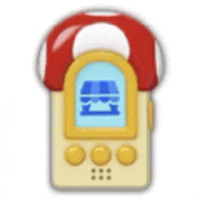 a cartoon cell phone with a red canopy and a blue awning on the screen .