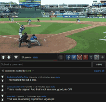 a baseball game is being played on a screen with a submit a comment button