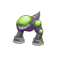 a purple and green robot with a green helmet on