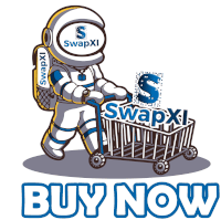 a cartoon of an astronaut pushing a shopping cart with the words buy now below him