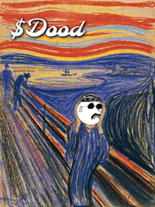 a painting of a man with a mustache and sunglasses with the words $ dood above him