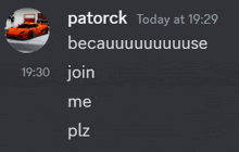 a screenshot of a chat with the name patorck and a picture of an orange car