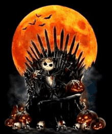 a nightmare before christmas character is sitting on a throne surrounded by pumpkins and skulls .