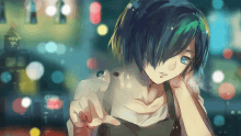 a painting of a girl with blue hair pointing at the camera