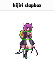 a cartoon of a girl with purple hair and the words hijiri slapbox below her