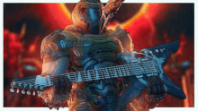 a video game character is holding a guitar with the letter x on it