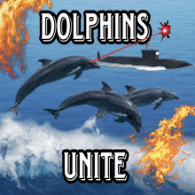 a poster with dolphins and a submarine with the words dolphins unite