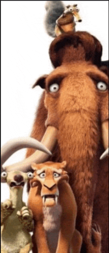 a group of cartoon characters including a mammoth and a squirrel standing next to each other