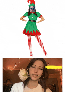 a woman in a elf costume has a flower in her mouth