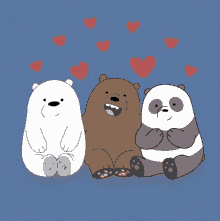 three cartoon bears are sitting next to each other with hearts above them