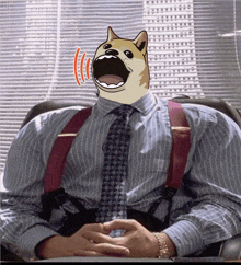 a man in a striped shirt and tie has a dog on his face