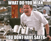 a chef is standing in a kitchen with pots and pans and making a meme .