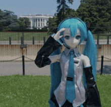 a doll with blue hair salutes in front of a white house