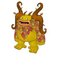 a yellow cartoon character with horns and leaves on his hair