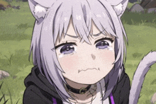 a girl with a cat ear is crying in a field .