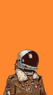 a cartoon of a man wearing a helmet and a jacket on an orange background .