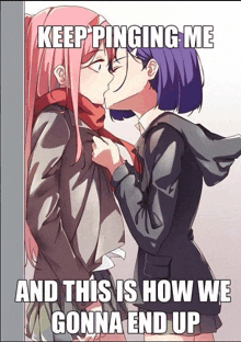 a couple of anime girls are kissing each other on the cheek .