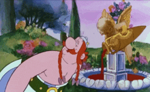 a cartoon character is drinking from a fountain next to a statue of a cherub .