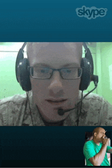 a man wearing headphones and a microphone on a skype call