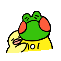 a frog is laying on top of a yellow duck with a yellow shirt that says ' 101 ' on it