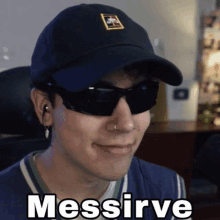 a man wearing sunglasses and a hat says messirve on the bottom