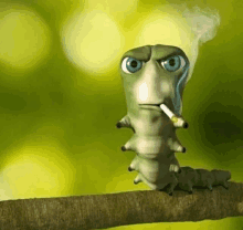 a caterpillar is smoking a cigarette on a tree branch