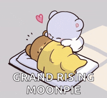 a cartoon of two bears laying on a bed with the words grand rising moonpie below them