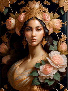 a painting of a woman surrounded by pink flowers