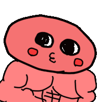 a cartoon drawing of a red object with a face and muscles