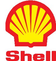 a red and yellow shell with the word shell underneath it