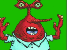 a cartoon drawing of a crab with a big mouth and big eyes on a green screen .