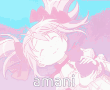 a girl with pink hair is holding a cat and the word amani is on the bottom right