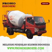 a red and white concrete mixer truck with the website www.promokaroseri.com on the bottom