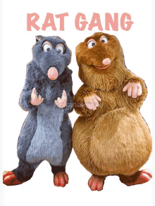 two stuffed animals are standing next to each other with the words " rat gang " written above them