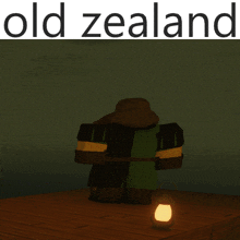 a picture of an old zealand character with a lantern in front of him